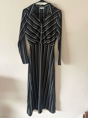 Abound Preppy Striped Maxi Dress Long Sleeves Collar Sheer Crepe Fabric Size XS